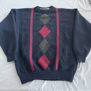 VTG Woods & Gray Sweater Mens L Navy Blue Argyle Knit Crew Neck Grandpa Core